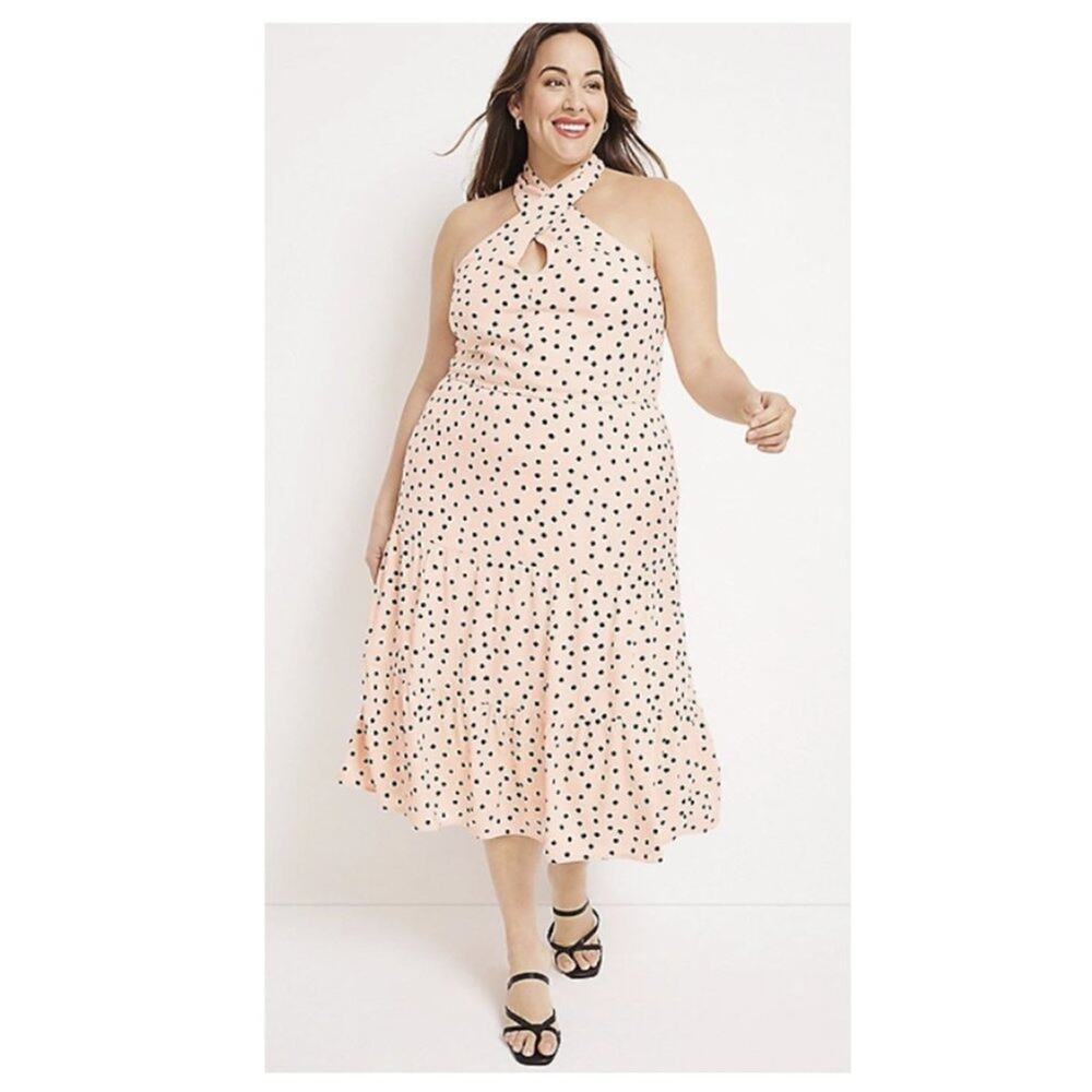 NWT Maurices Pink Polka Dot Halter Midi Dress Size 2X